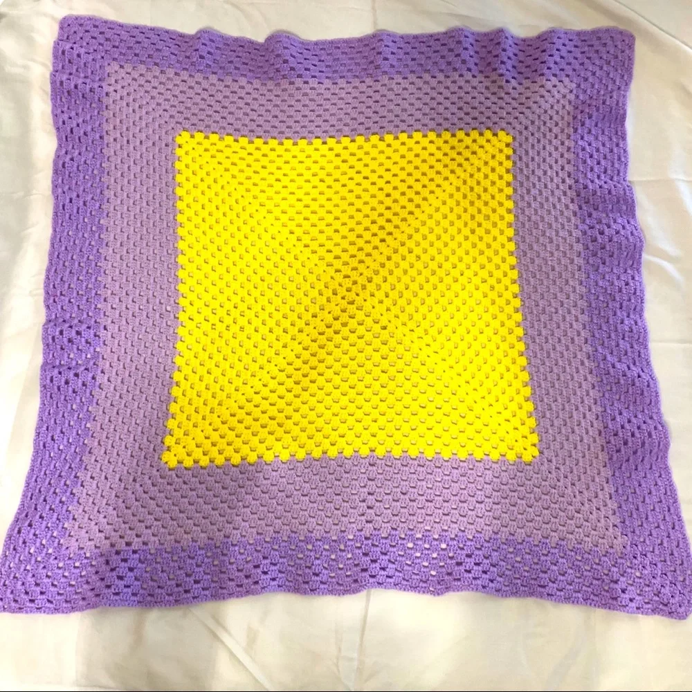 Vintage purple & yellow crocheted blanket throw